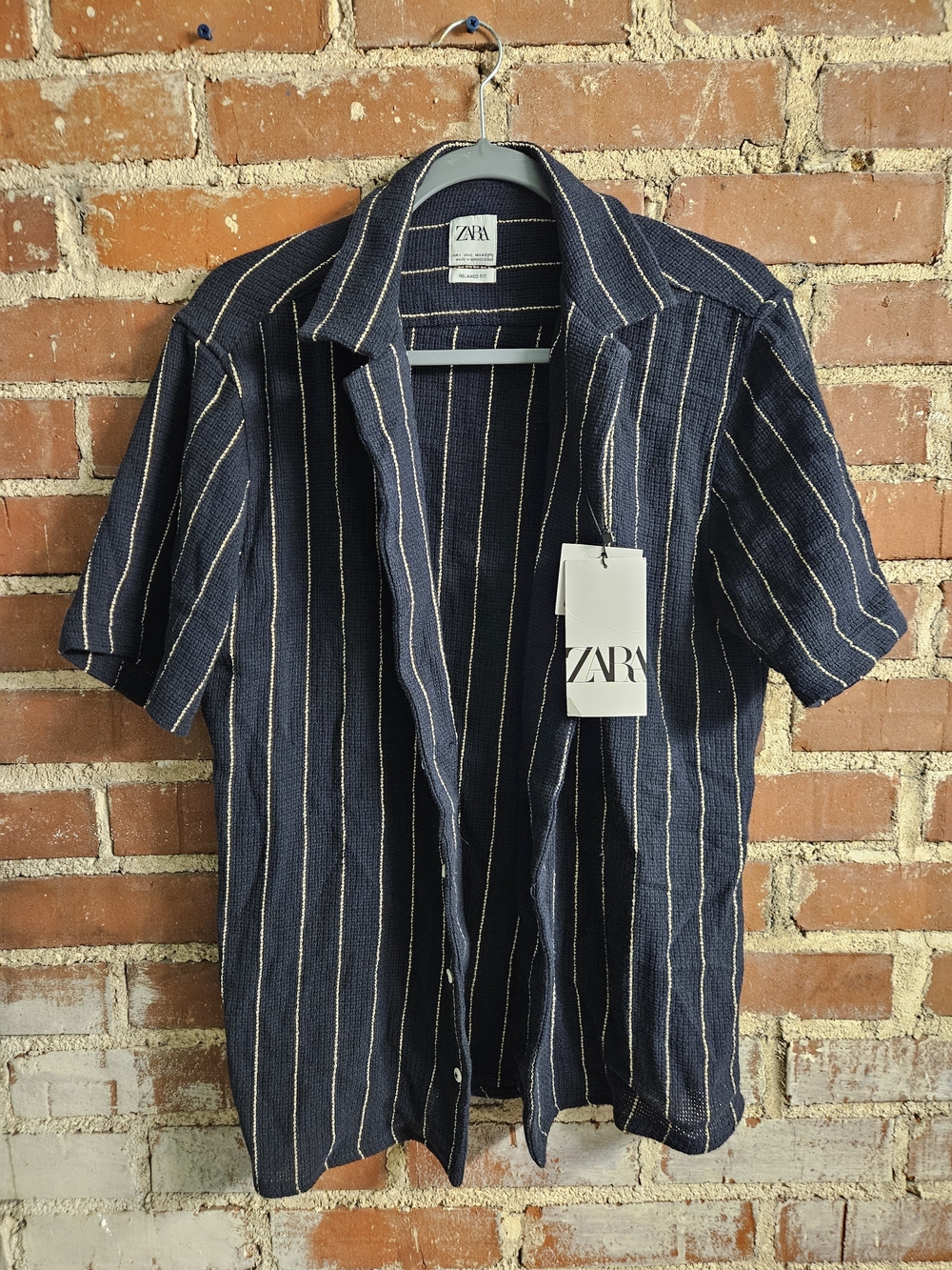 Zara Men’s Navy Blue Striped Short-Sleeve Shirt